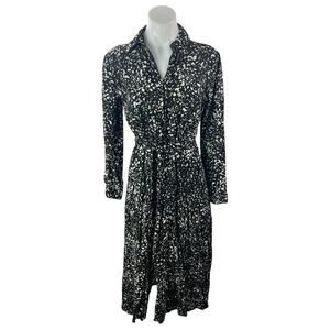 Stradivarius Black White Long Sleeve Speckled Dot V Neck A Line Midi Dress Sz S